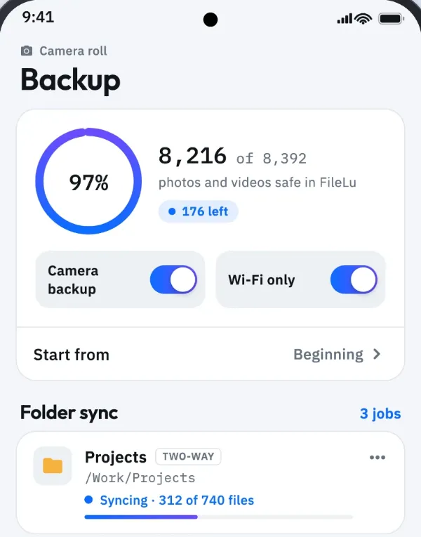 FileLuSync camera backup: 8,216 of 8,392 photos and videos safe in FileLu