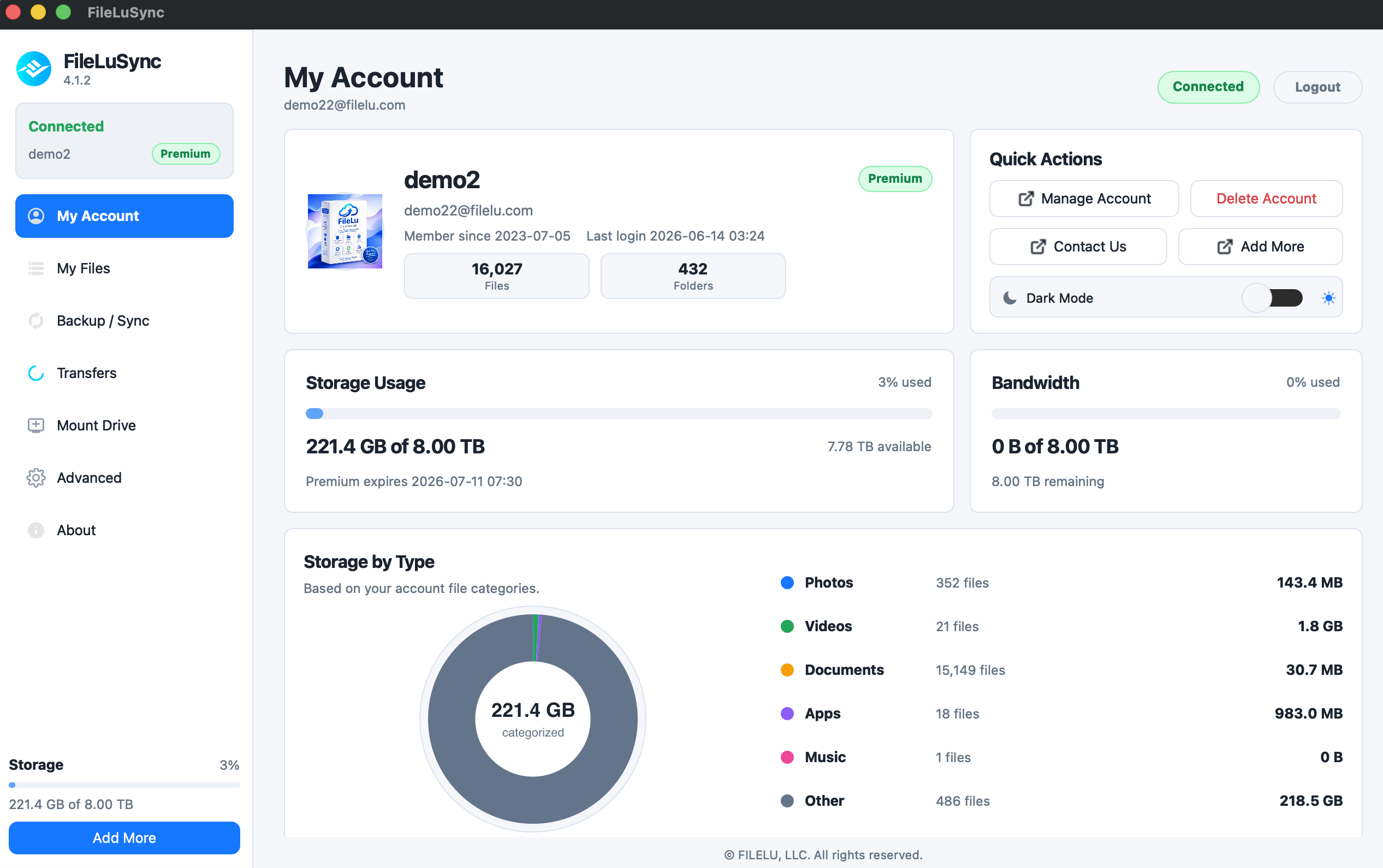 FileLuSync account dashboard showing storage usage and account information