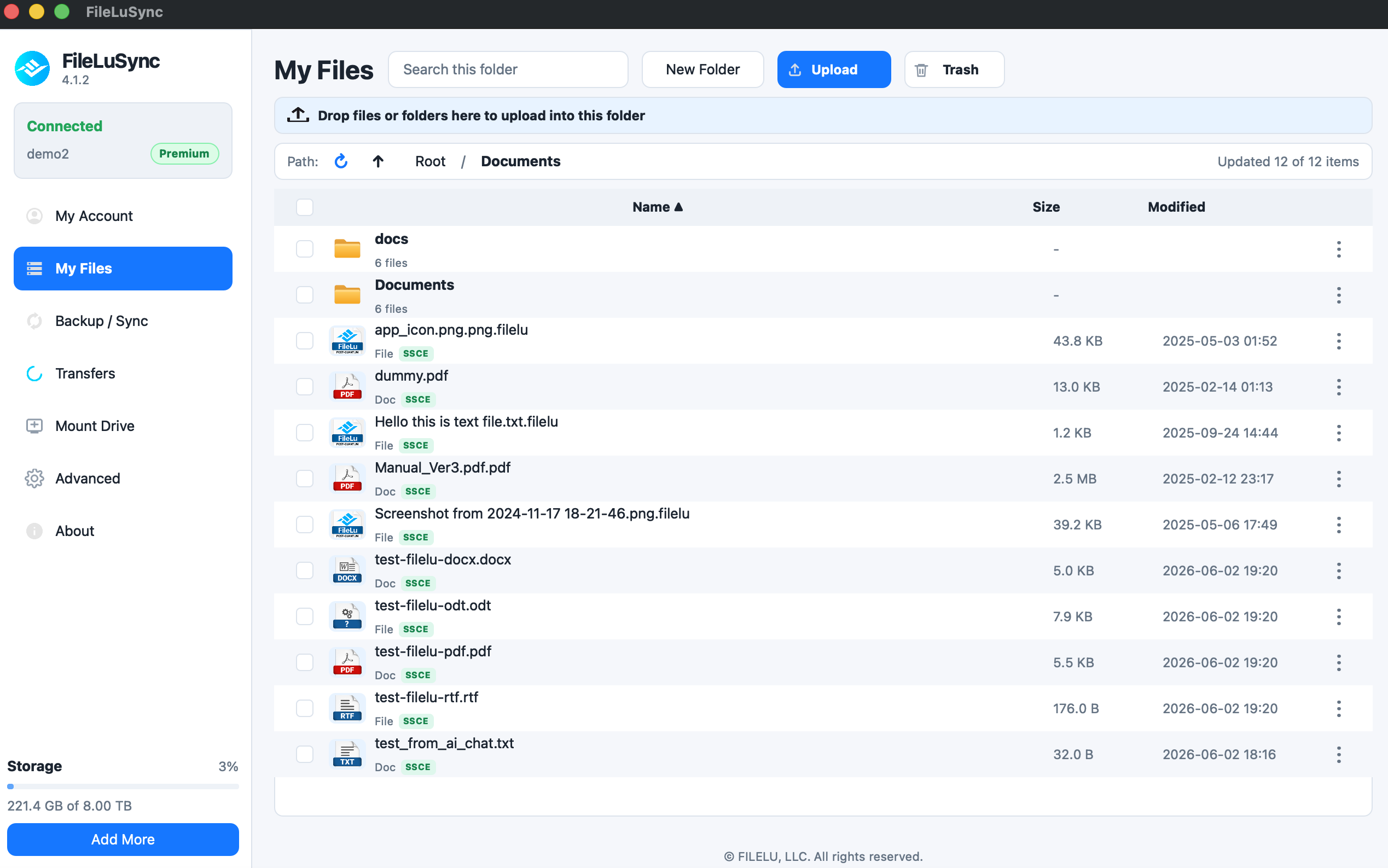 FileLuSync file manager with folders and cloud storage files