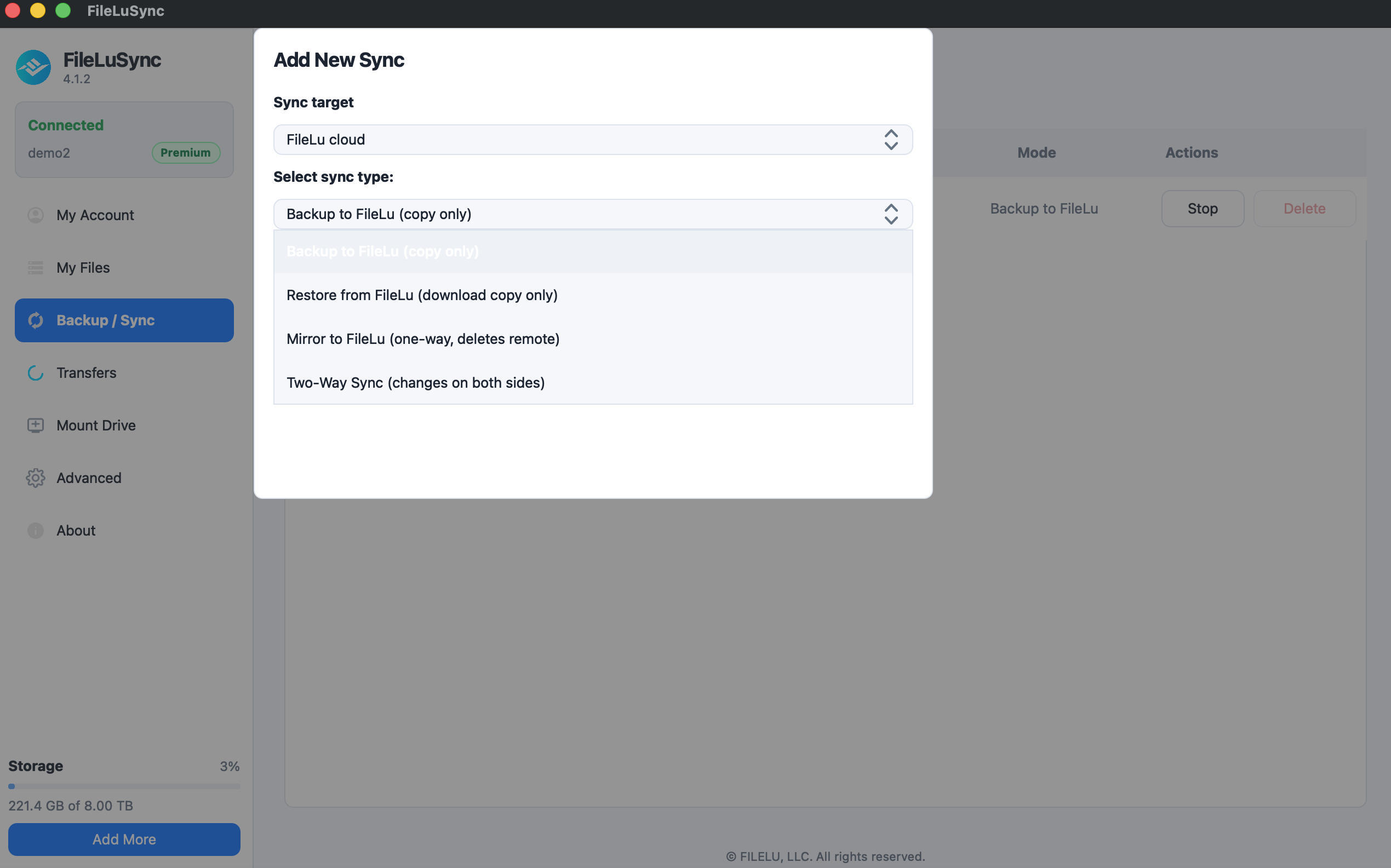 FileLuSync backup and synchronization settings
