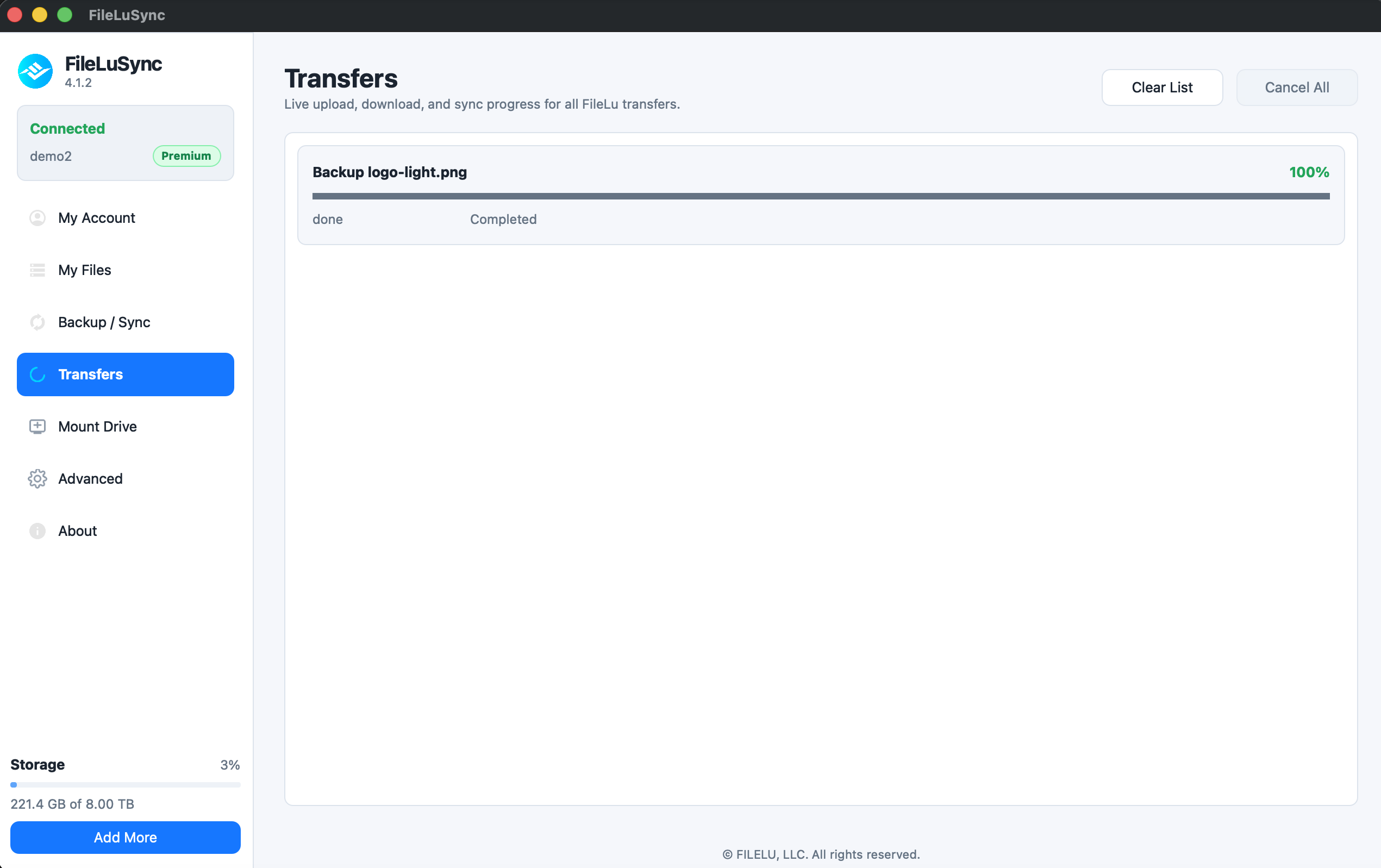 FileLuSync transfer manager showing upload and download progress